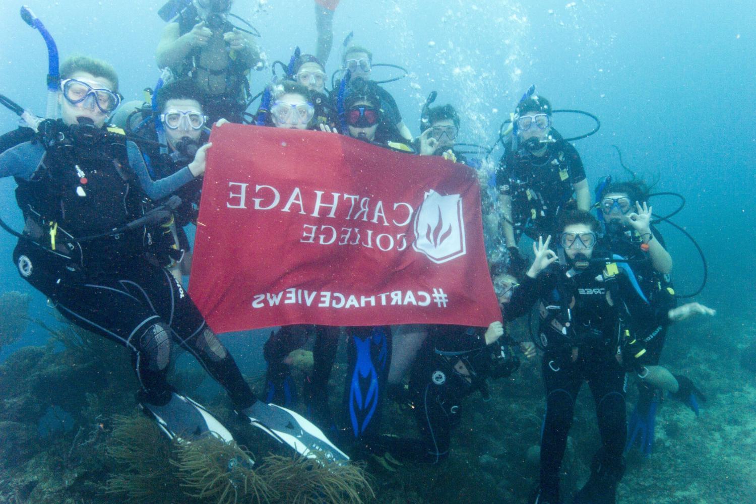 学生们手持<a href='http://qqt.daves-studio.com'>bv伟德ios下载</a>旗帜，在j学期洪都拉斯游学之旅中潜水.